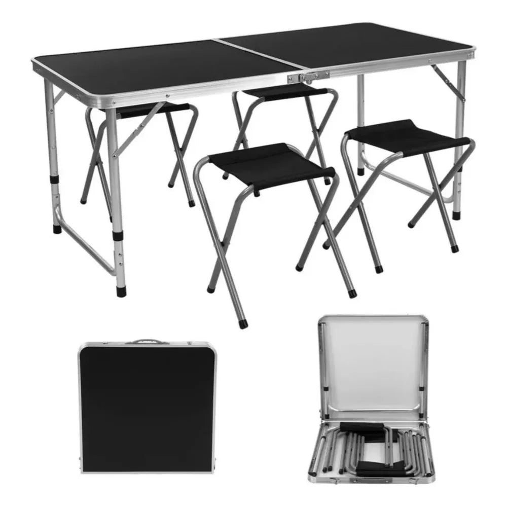 Mesa plegable negra tipo portafolio de 120x60 cm con 4 bancos