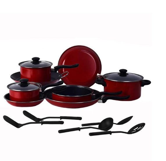 Batería de Cocina Kit Con Sartenes De Acero Antiadherente De 16 Piezas Tinto COLORHOME