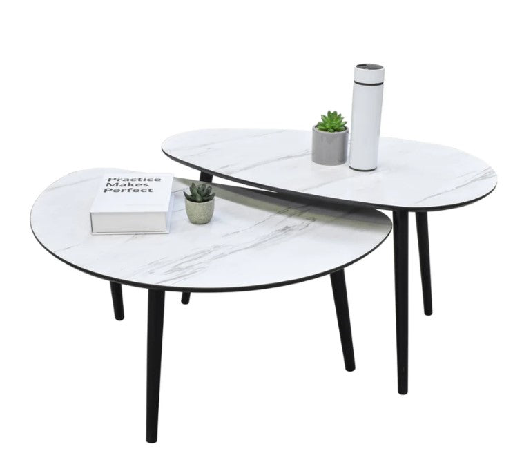 Set Mesas de Centro Catte 2 Piezas Tipo Mármol Blanco