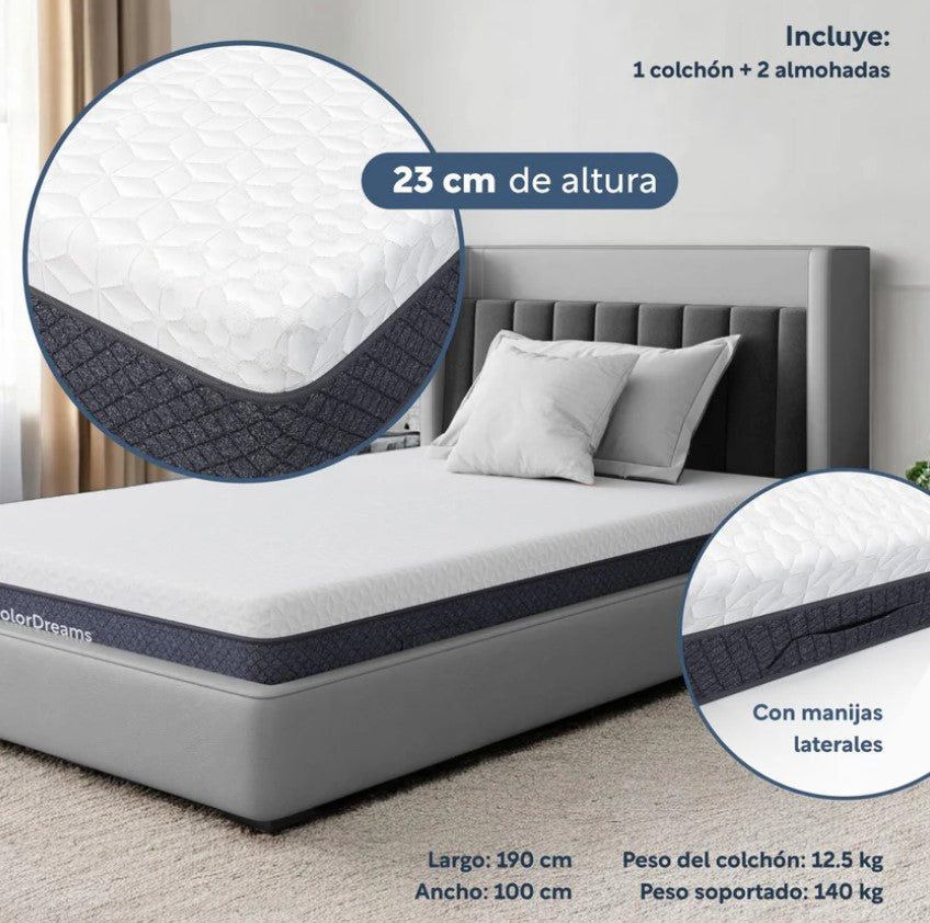 Set De 3 PiezasColchón Individual Memory Foam + Almohadas Poliéster