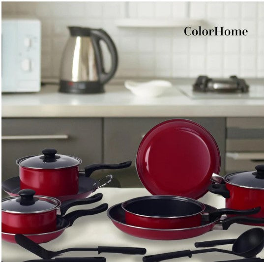 Batería de Cocina Kit Con Sartenes De Acero Antiadherente De 16 Piezas Tinto COLORHOME