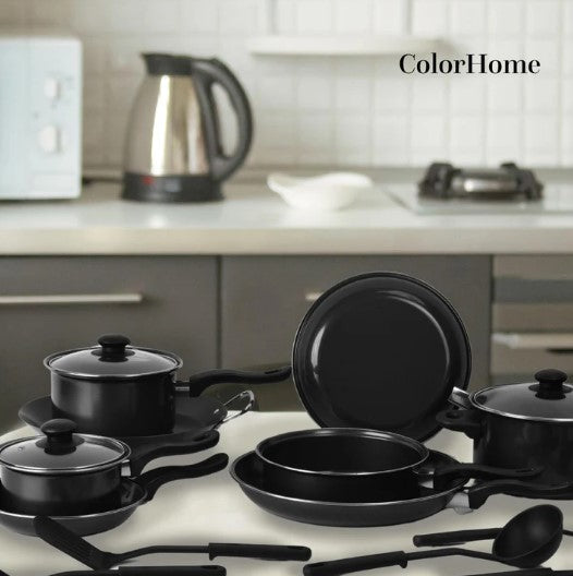 Batería de Cocina Kit Con Sartenes De Acero Antiadherente De 16 Piezas Negro COLORHOME