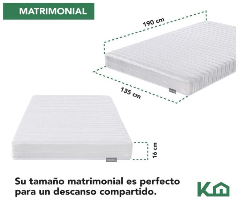 Set de Colchon Matrimonial Blanco De Alta Densidad, Antiacaros e Hipoalergenico Kingshouse+ Almohadas Ortopédicas Cervical Memory Foam Viscoelástica Suave
