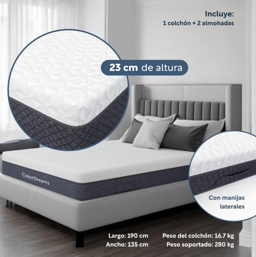 Set De 3 PiezasColchón Matrimonial Memory Foam + Almohadas Gel Carbón