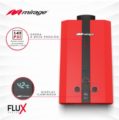 Calentador de Agua Flux 6 Litros por Minuto Rojo Gas LP Mirage MK