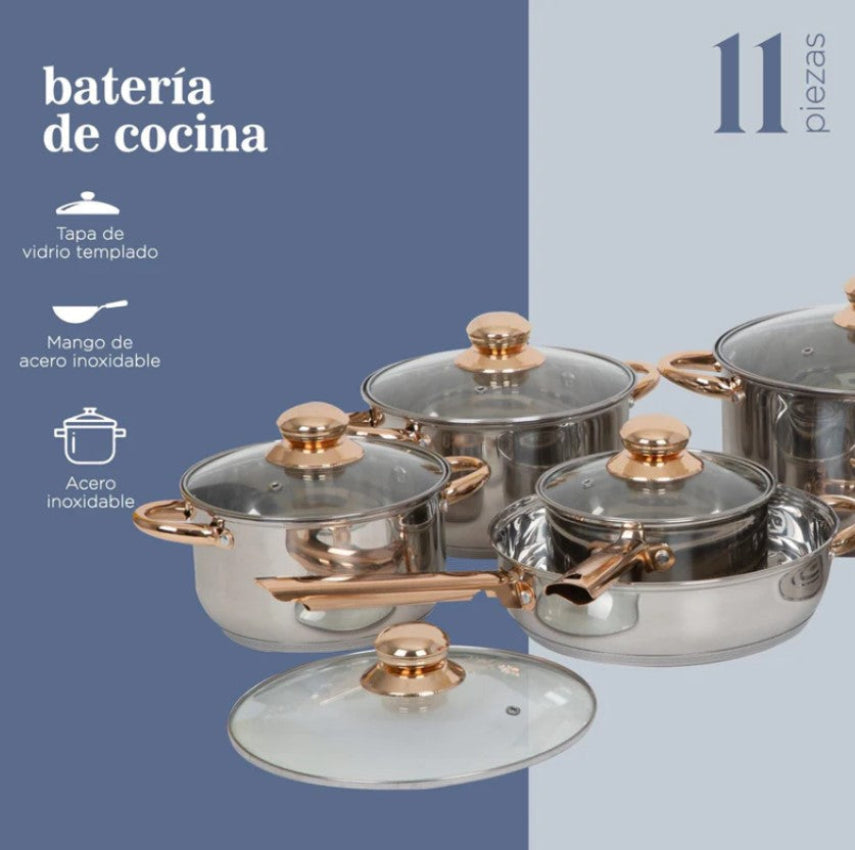 Batería De Cocina De Acero Inoxidable Con Tricapa De Inducción De 11 Piezas