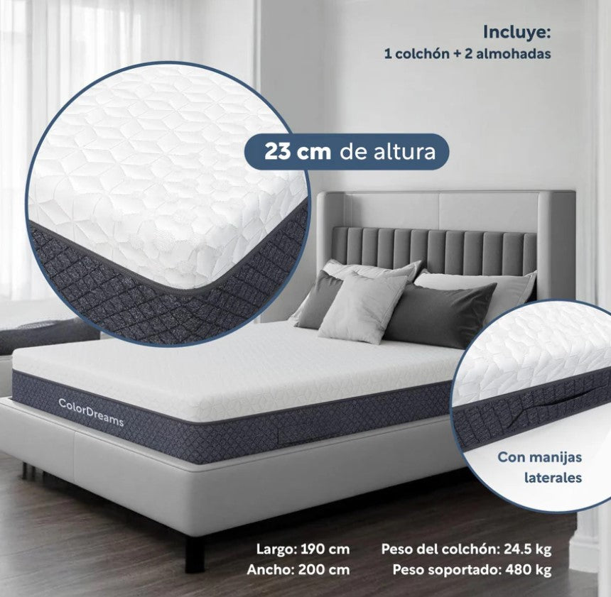 Set De3 Piezas Colchón King Size Memory Foam + Almohadas Poliéster