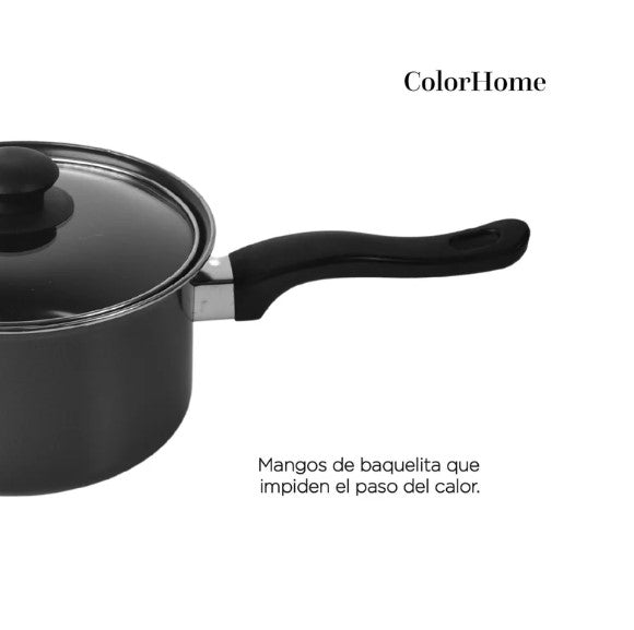 Batería de Cocina Kit Con Sartenes De Acero Antiadherente De 16 Piezas Negro COLORHOME