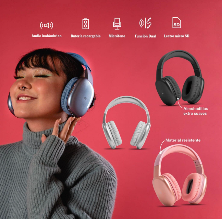 Audífonos Inalámbricos On-ear | Aurum | Función dual, MicroSD Rosa