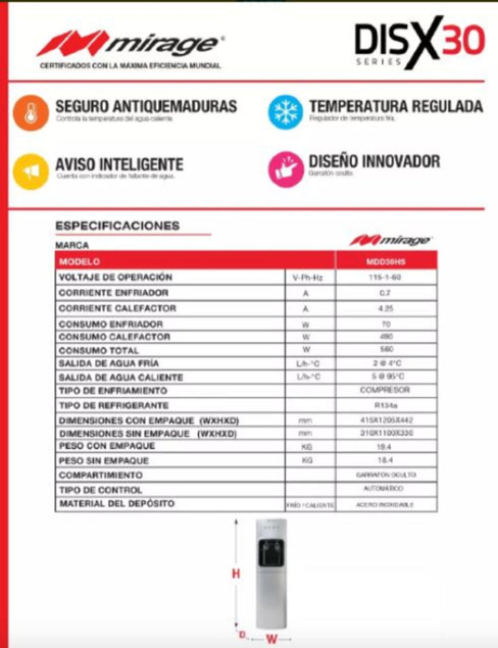 Dispensador de Agua Fria y Caliente de Garrafon Oculto MIRAGE