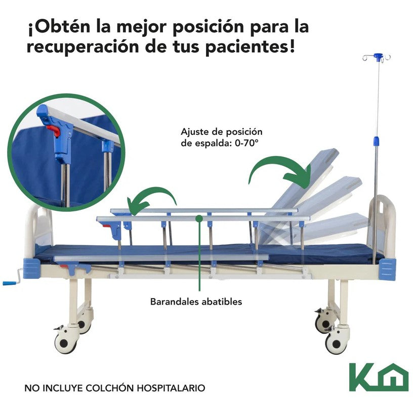 Cama De Hospital Manual Con Base de Colchon y Porta Suero KingsHouse