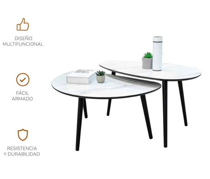 Set Mesas de Centro Catte 2 Piezas Tipo Mármol Blanco