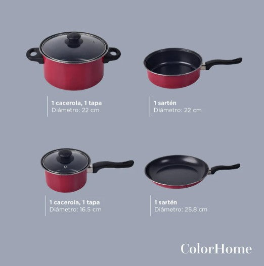 Bateria de Cocina De Sartenes De Acero Con Antiadherente De 38 Piezas COLORHOME