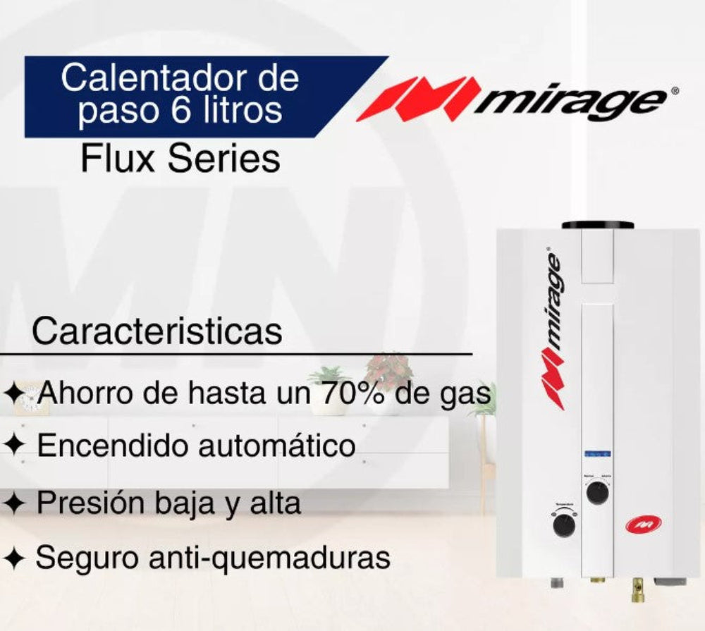 Calentador de Agua Mirage Flux Gas LP 6 Litros MK