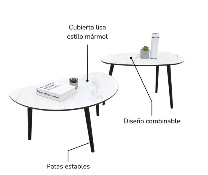 Set Mesas de Centro Catte 2 Piezas Tipo Mármol Blanco