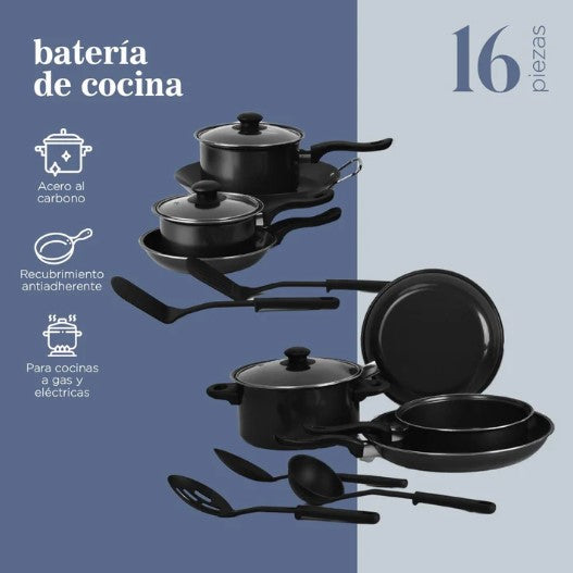 Batería de Cocina Kit Con Sartenes De Acero Antiadherente De 16 Piezas Negro COLORHOME