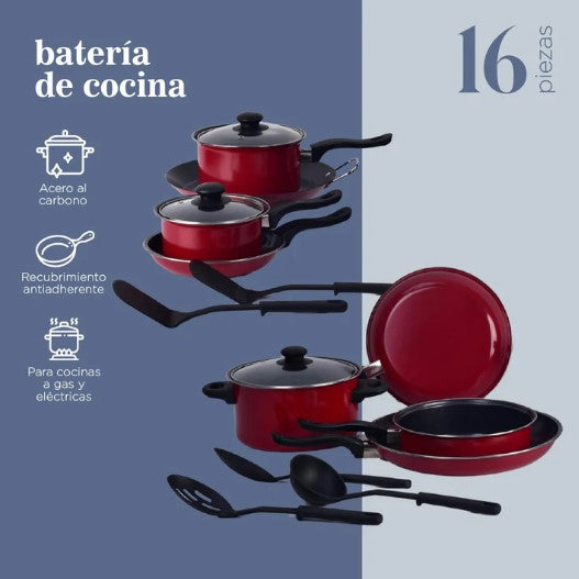 Batería de Cocina Kit Con Sartenes De Acero Antiadherente De 16 Piezas Tinto COLORHOME