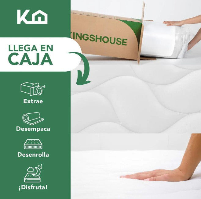 KIT Colchón Matrimonial En Caja De Alto Memory Foam Espuma Kinghouse + Ventilador De Pedestal NOVOLINE 18 Pulgadas 3 En 1