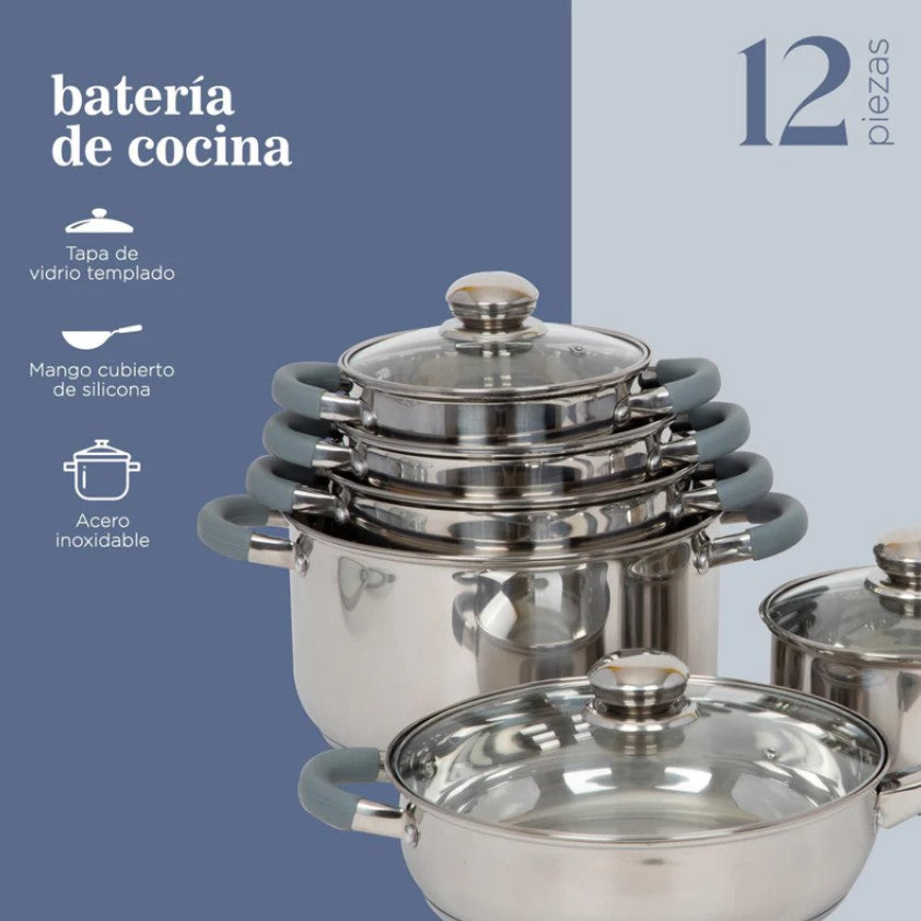 Batería De Cocina De Acero Inoxidable Con Triple Capa De Inducción Con 12 Piezas COLORHOME