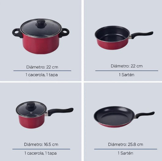 Batería de Cocina Kit Con Sartenes De Acero Antiadherente De 16 Piezas Tinto COLORHOME