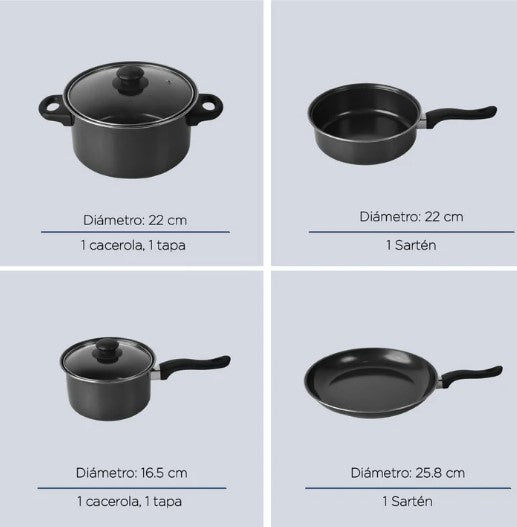 Batería de Cocina Kit Con Sartenes De Acero Antiadherente De 16 Piezas Negro COLORHOME