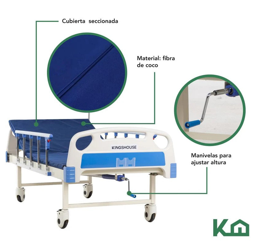 Cama De Hospital Manual Con Base de Colchon y Porta Suero KingsHouse