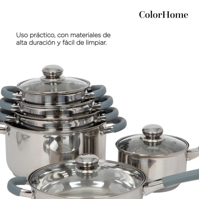 Batería De Cocina De Acero Inoxidable Con Triple Capa De Inducción Con 12 Piezas COLORHOME