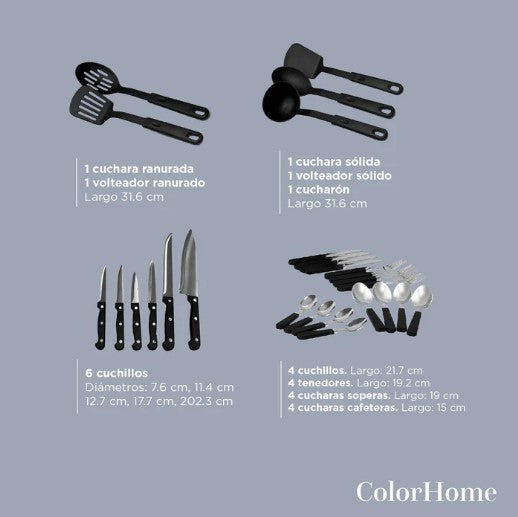 Bateria de Cocina De Sartenes De Acero Con Antiadherente De 38 Piezas COLORHOME
