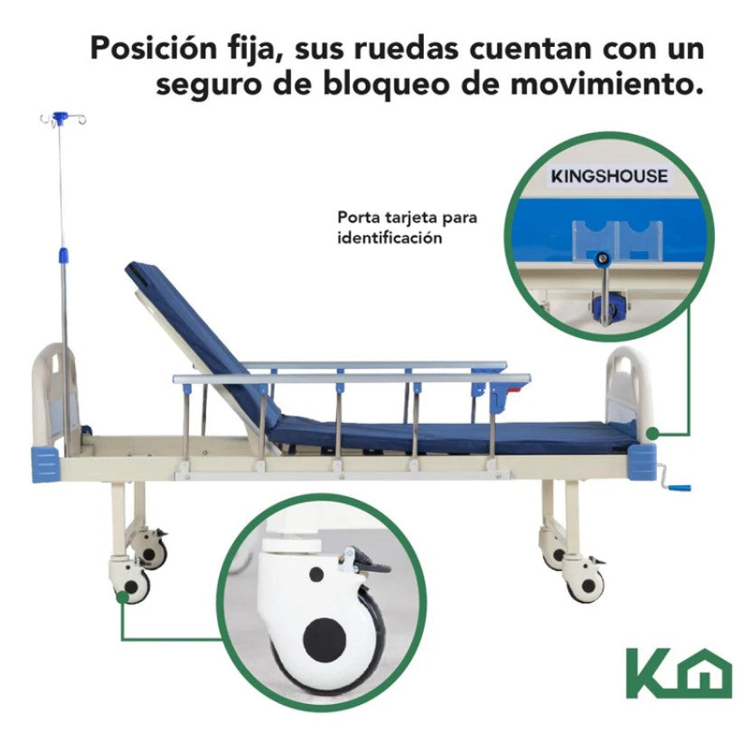 Cama De Hospital Manual Con Base de Colchon y Porta Suero KingsHouse