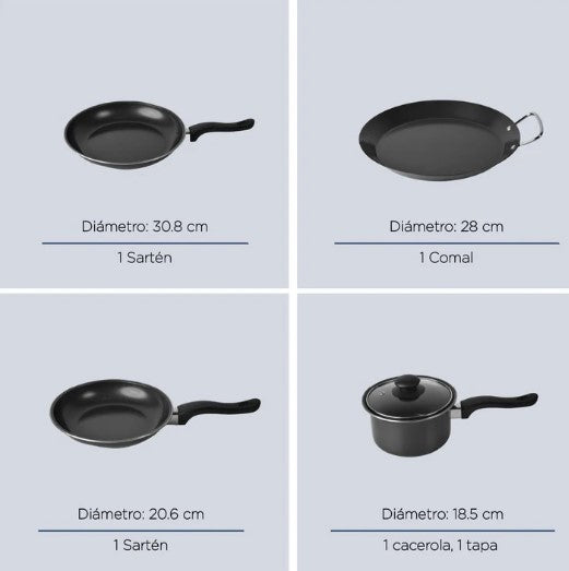 Batería de Cocina Kit Con Sartenes De Acero Antiadherente De 16 Piezas Negro COLORHOME