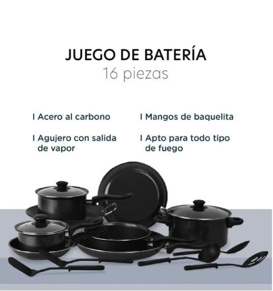 Batería de Cocina Kit Con Sartenes De Acero Antiadherente De 16 Piezas Negro COLORHOME
