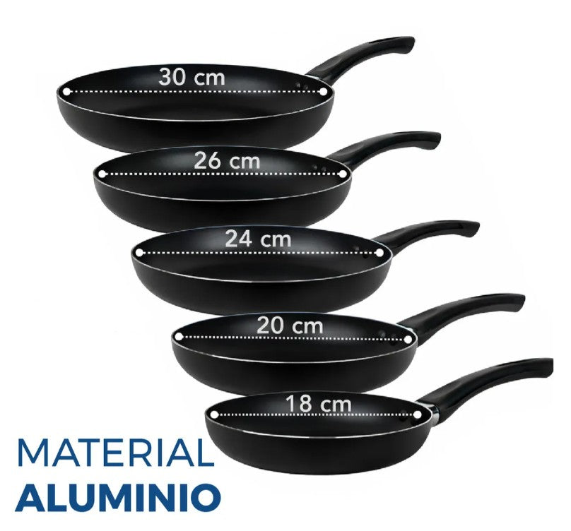 Juego de 5 Sartenes de Aluminio Antiadherente en Color Negro – 18, 20, 24, 26 y 30 cm