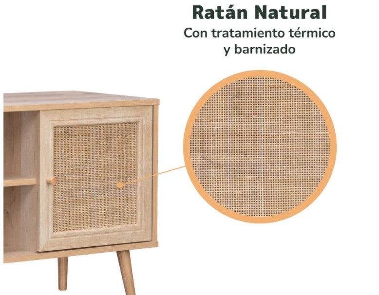 Mueble para TV con Estantes y Puertas de Ratán