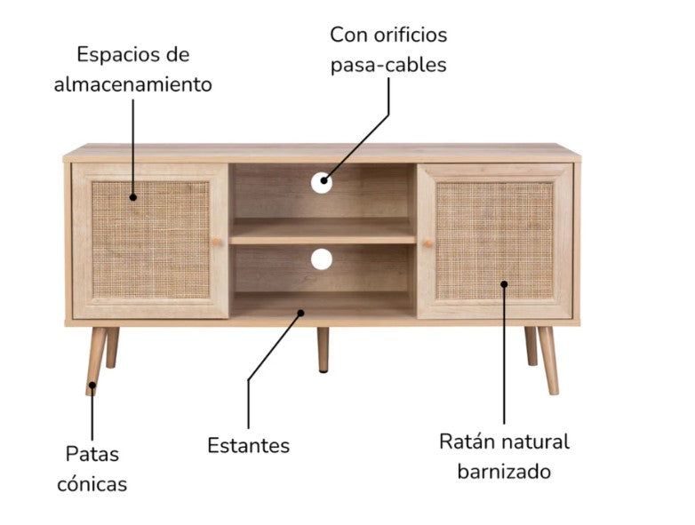 Mueble para TV con Estantes y Puertas de Ratán