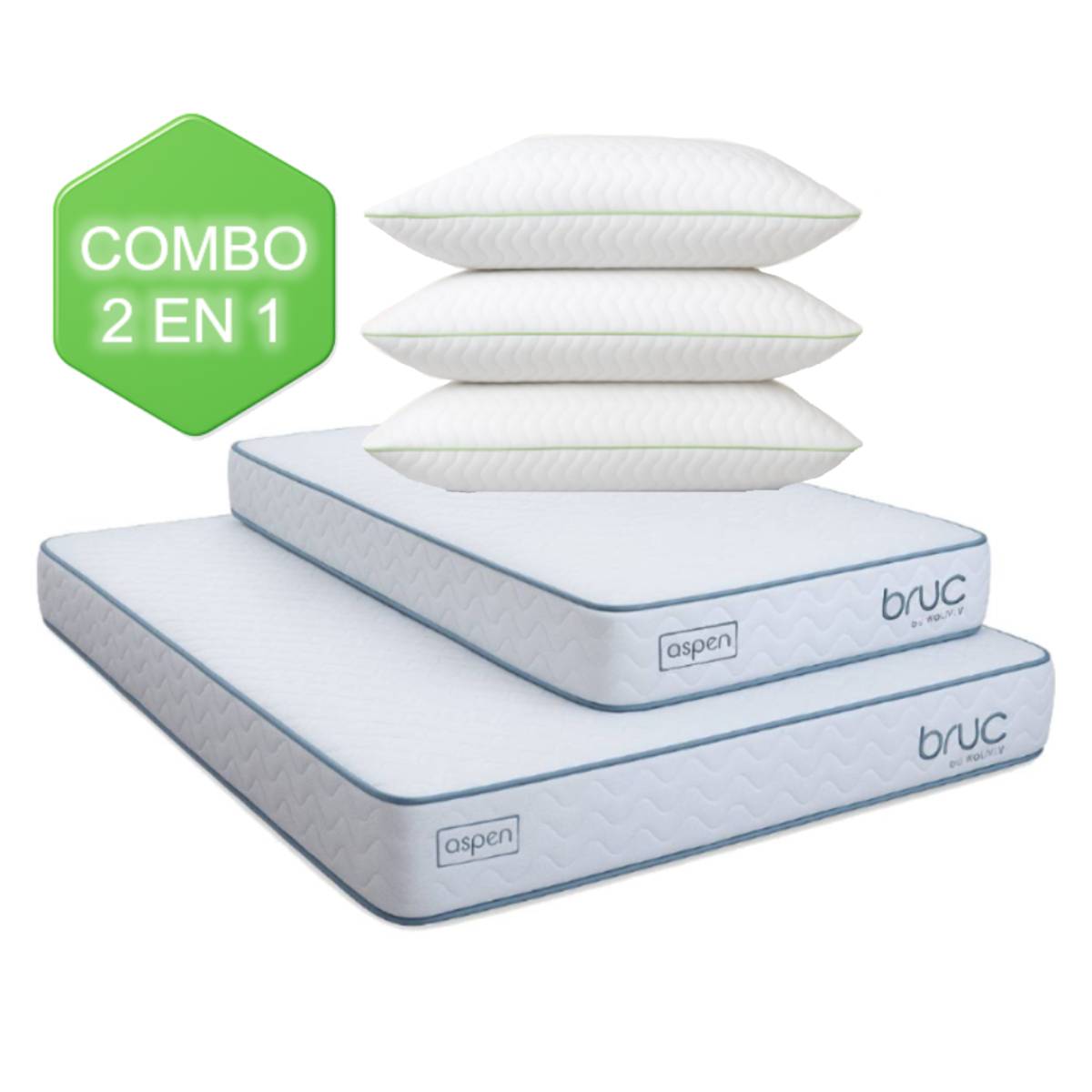 Combo 2 colchones Bruc Individual + Matrimonial Con Almohada Super Visco Regular 3 Piezas