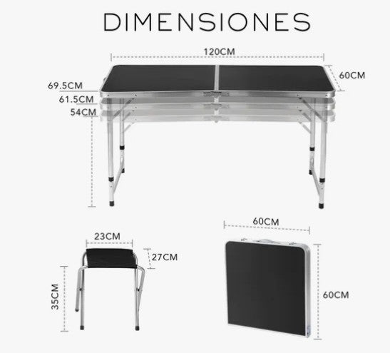 Mesa plegable negra tipo portafolio de 120x60 cm con 4 bancos
