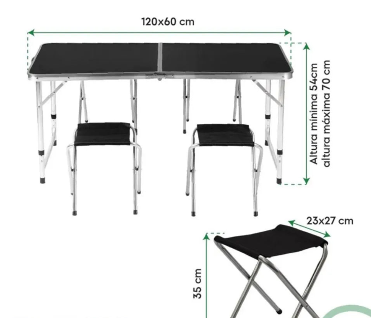 Mesa plegable negra tipo portafolio de 120x60 cm con 4 bancos