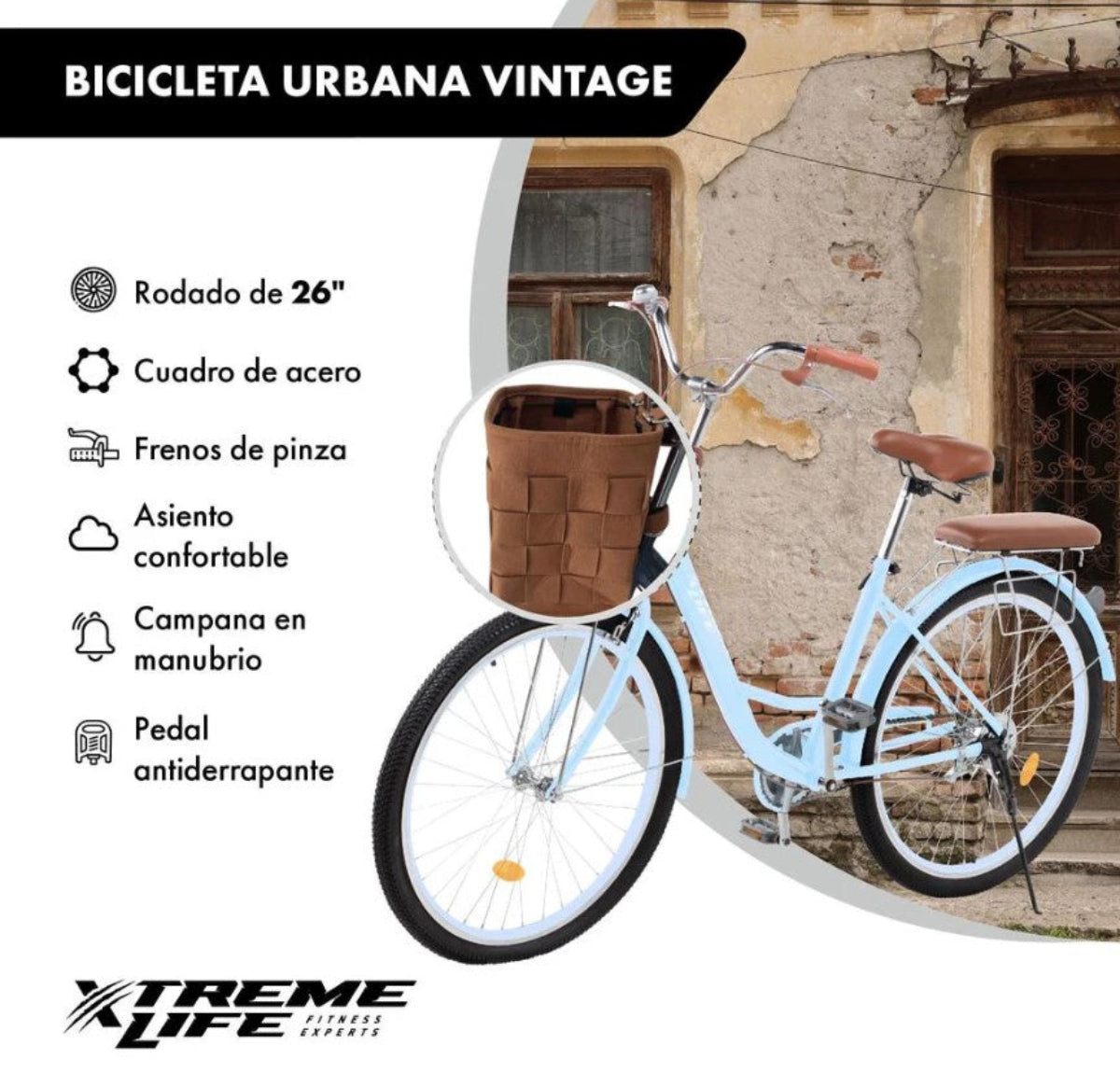 Bicicleta Urbana R26 Con Canastilla Y Freno De Pinza Acero Color Menta Estilo Vintage