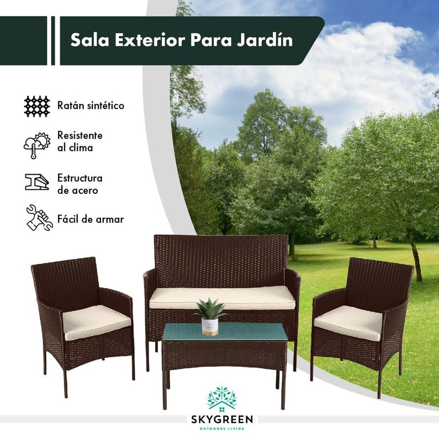 Sala Para Jardin de 4 Sillas y Mesa De Exterior Rattan Color Cafe