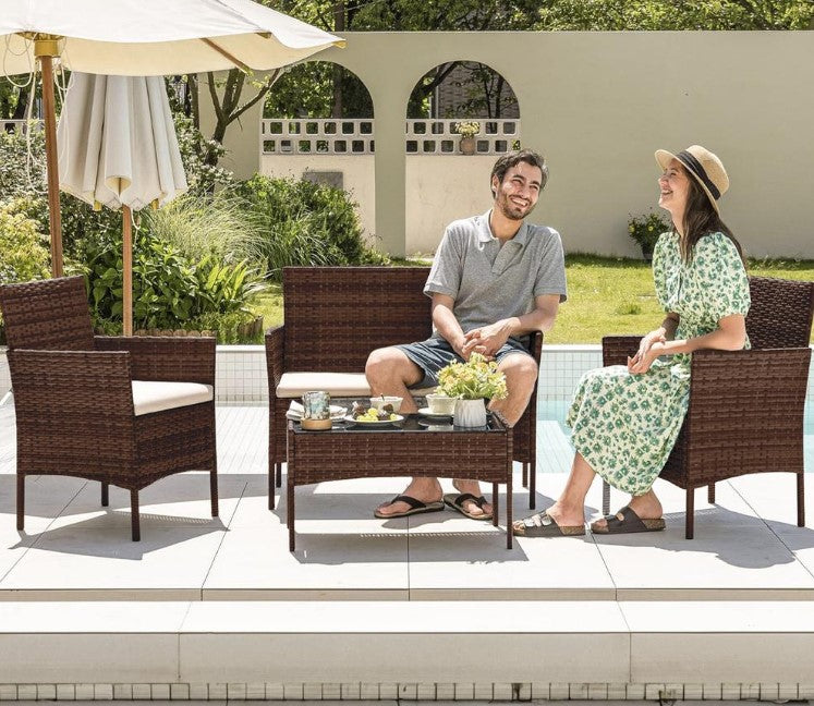 Sala Para Jardin de 4 Sillas y Mesa De Exterior Rattan Color Cafe