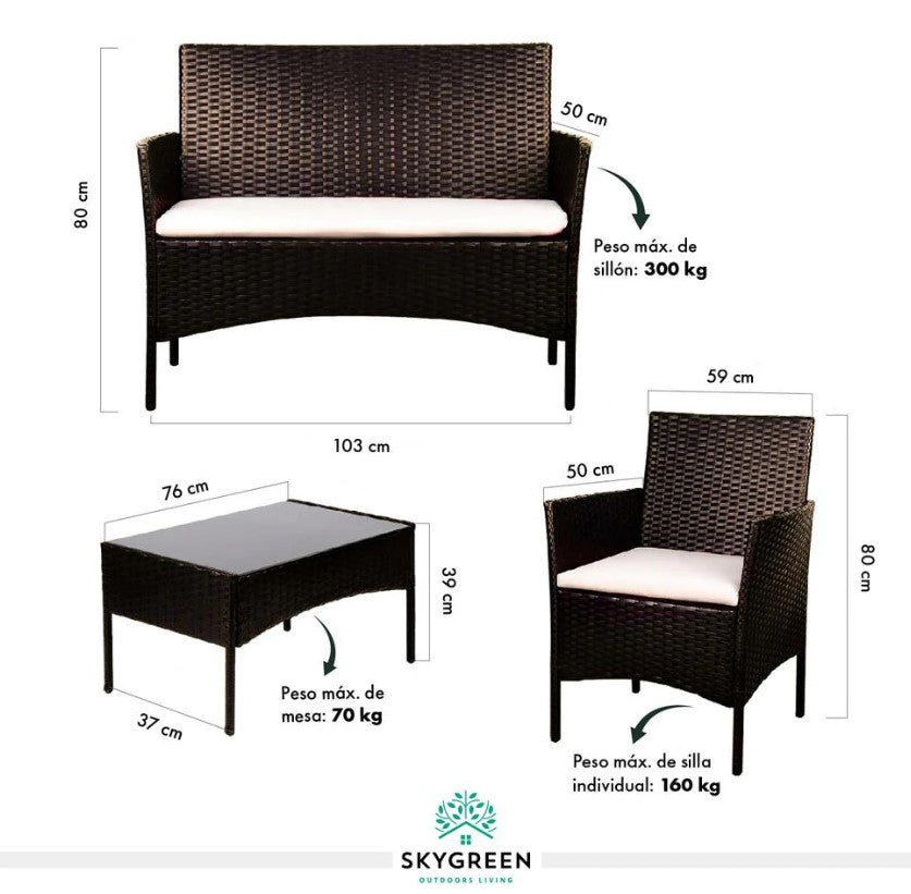 Sala Para Jardin de 4 Sillas y Mesa De Exterior Rattan Color Cafe