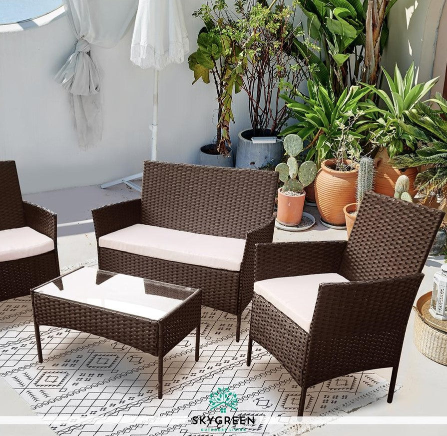 Sala Para Jardin de 4 Sillas y Mesa De Exterior Rattan Color Cafe