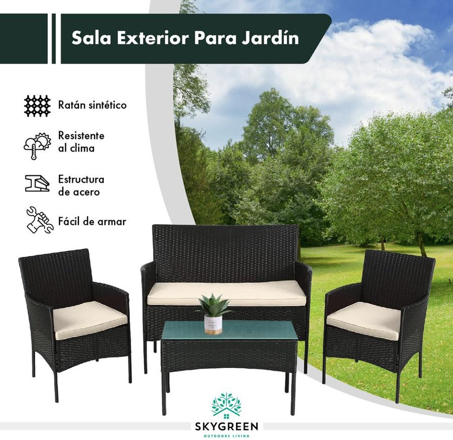 Sala Para Jardin de 4 Sillas y Mesa De Exterior Rattan Color Negro