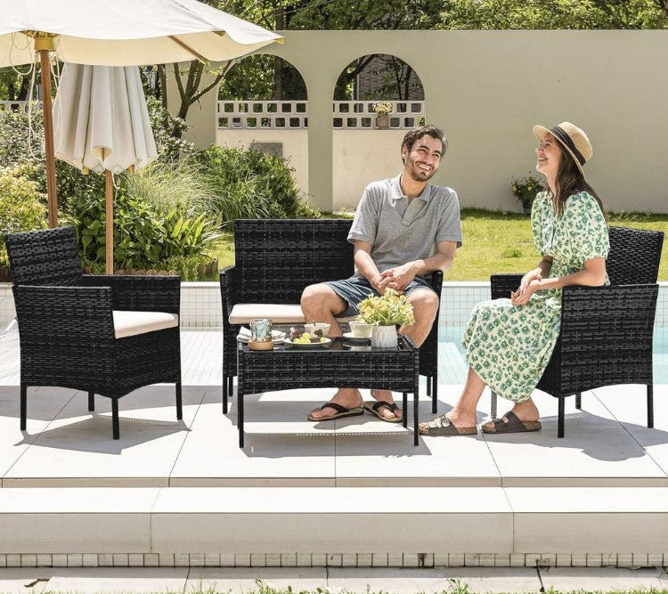 Sala Para Jardin de 4 Sillas y Mesa De Exterior Rattan Color Negro