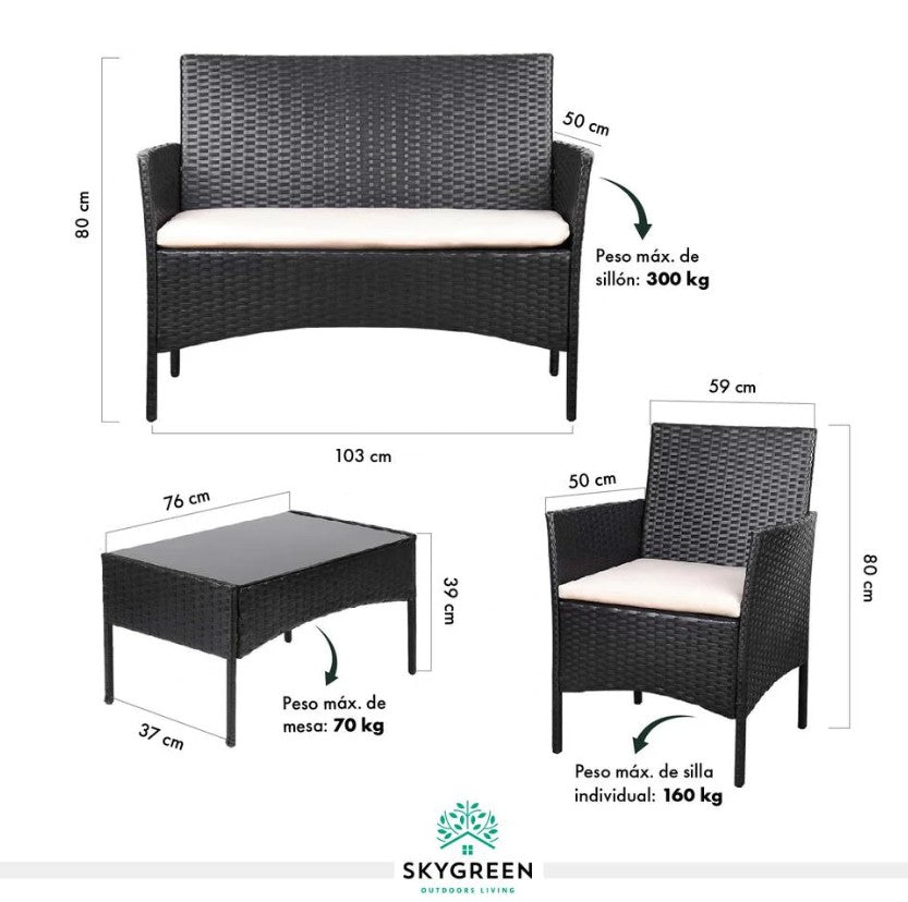 Sala Para Jardin de 4 Sillas y Mesa De Exterior Rattan Color Negro