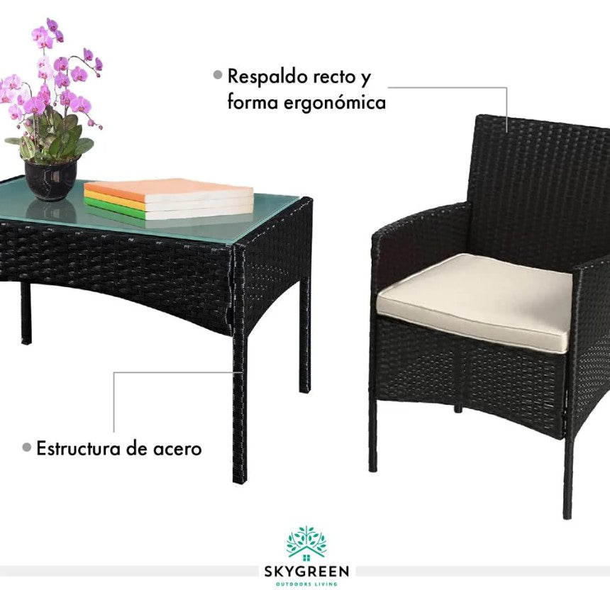 Sala Para Jardin de 4 Sillas y Mesa De Exterior Rattan Color Negro