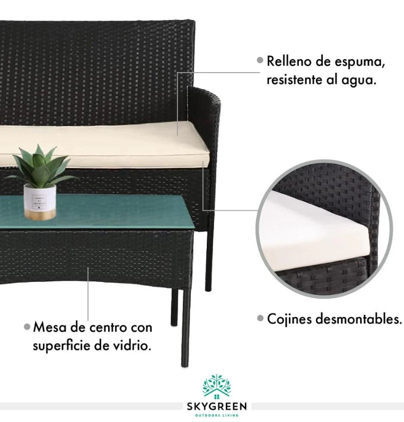 Sala Para Jardin de 4 Sillas y Mesa De Exterior Rattan Color Negro