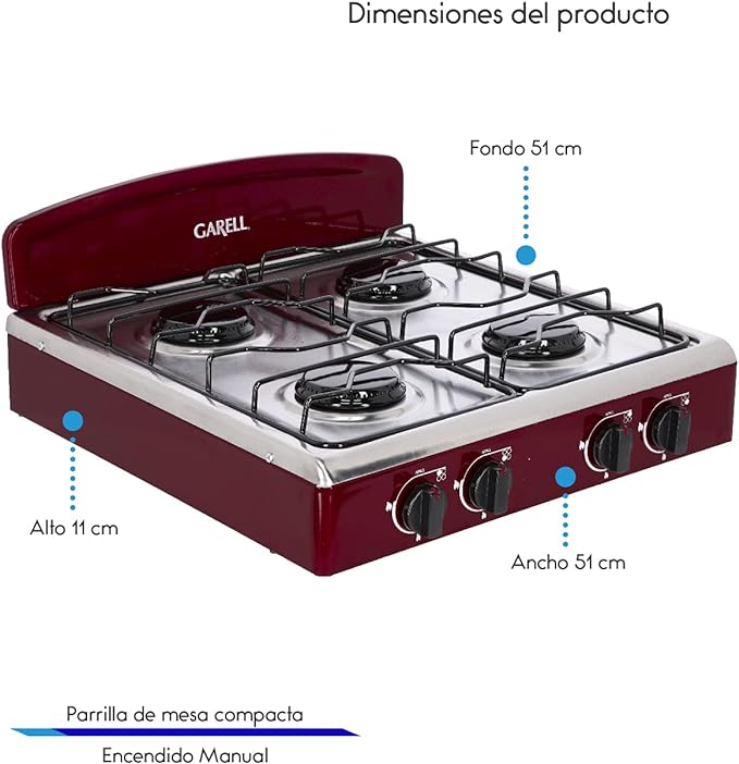 Parrilla Estufa de Gas 4 quemadores acero inoxidable color vino