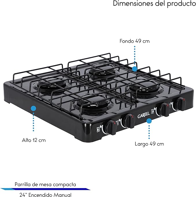 Parrilla Estufa de Gas Mesa de 4 Quemadores Acero Porcelanizado