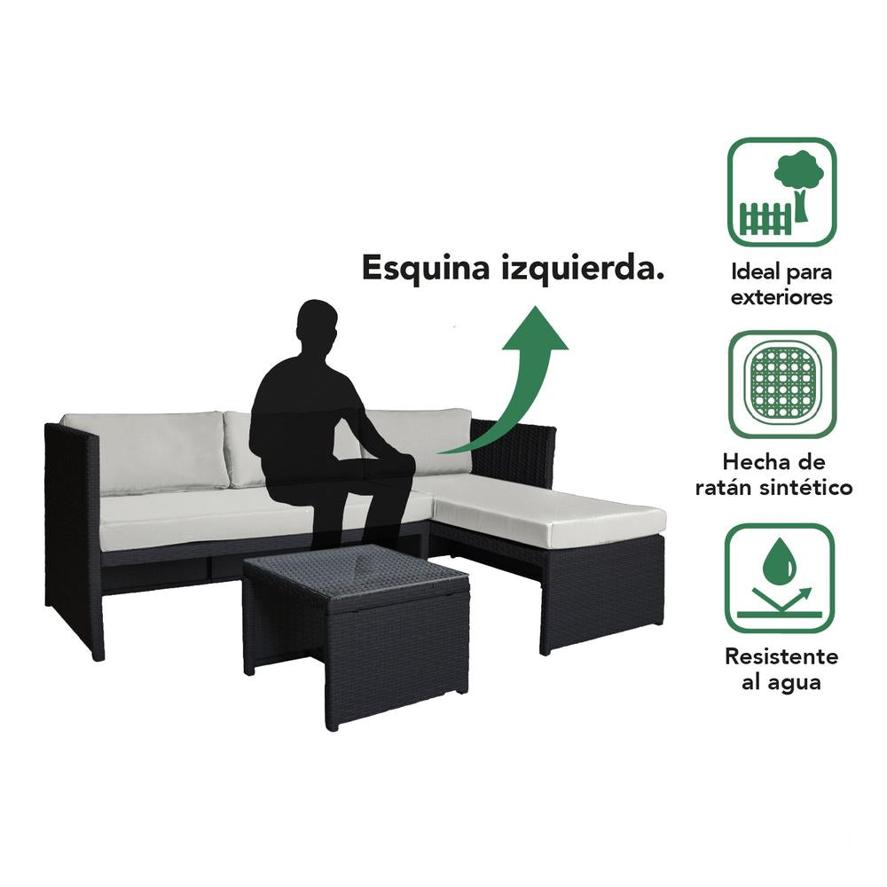 Sala Exterior Esquinera Mueble Jardín Ratan Sofa Negro/Gris